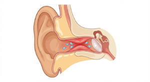 外耳道炎（游泳耳）醫學解剖圖，顯示外耳道紅腫、收窄及積水，耳膜保持完整。