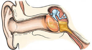 中耳炎剖面示意圖，顯示耳膜後方中耳腔積液及發炎，導致耳膜紅腫凸起。
