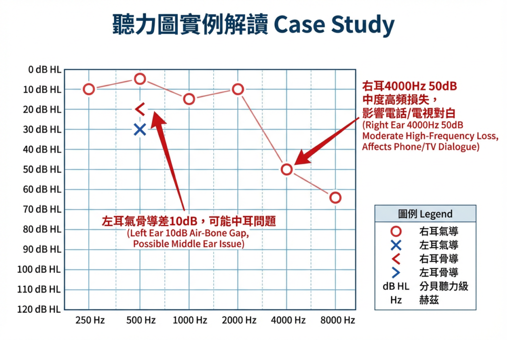 聽力圖對比：正常聽力（0-20dB平線）vs老人斑高頻陡降損失。紅O右耳、藍X左耳氣導。