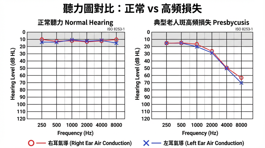 聽力圖實例：右耳4000Hz 50dB高頻損失，左耳氣骨導差10dB示中耳問題。含註解箭頭。