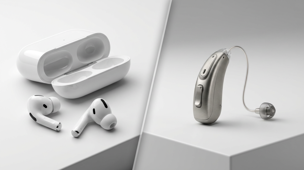 對比 Apple AirPods Pro 2 無線耳機與傳統醫療級助聽器的外觀差異，探討 AirPods 是否能取代專業助聽器功能 | Heari傾耳聽聽力中心 