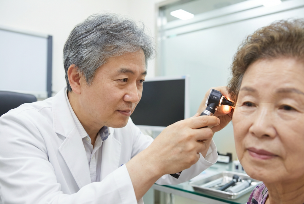 亞洲醫生使用耳鏡為長者檢查耳朵內部構造。Heari 傾耳聽 香港聽力中心 | 立即登記免費聽力測試 