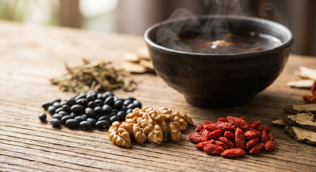 中醫補腎護耳食材特寫，包含黑豆、核桃、杞子及藥材，旁有一碗熱騰騰的養生湯水。Heari 傾耳聽 香港聽力中心 | 立即登記免費聽力測試