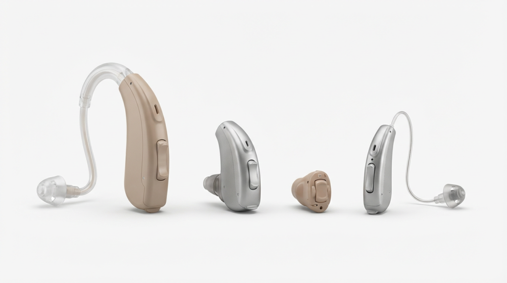展示四種常見的助聽器款式比較：包括傳統耳背式 (BTE)、耳內式 (ITE) 及外置受話器式 (RIC) 的外觀與大小差異 | Heari傾耳聽聽力中心