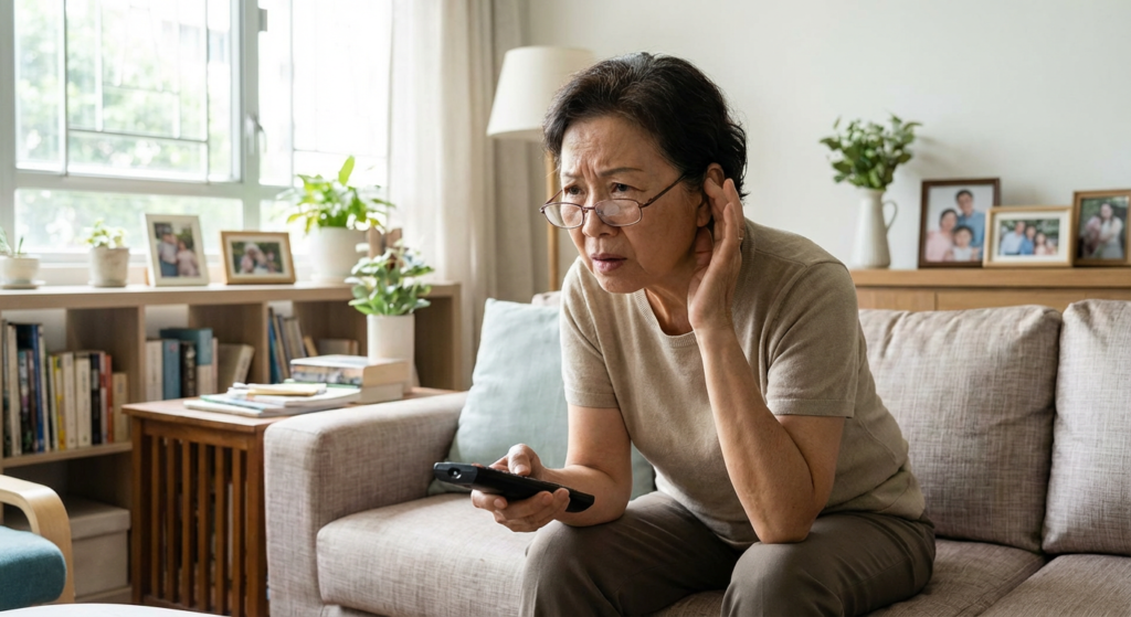 一位年長女士坐在客廳沙發上拿著電視遙控器,身體前傾並用手放在耳邊,表現出聽不清楚電視聲音的樣子,示意需要進行在家聽力自我檢測。 Heari傾耳聽聽力中心設於旺角及北角,立即預約聽力測試!