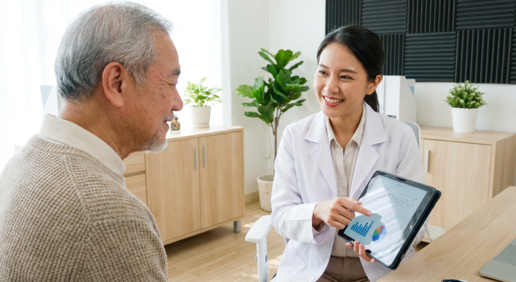 一位耳鼻喉科醫生面帶微笑,手持平板電腦向年長男士展示並解說聽力評估的圖表數據,示意在診所進行聽力諮詢的過程。 Heari傾耳聽聽力中心設於旺角及北角,立即預約聽力測試!