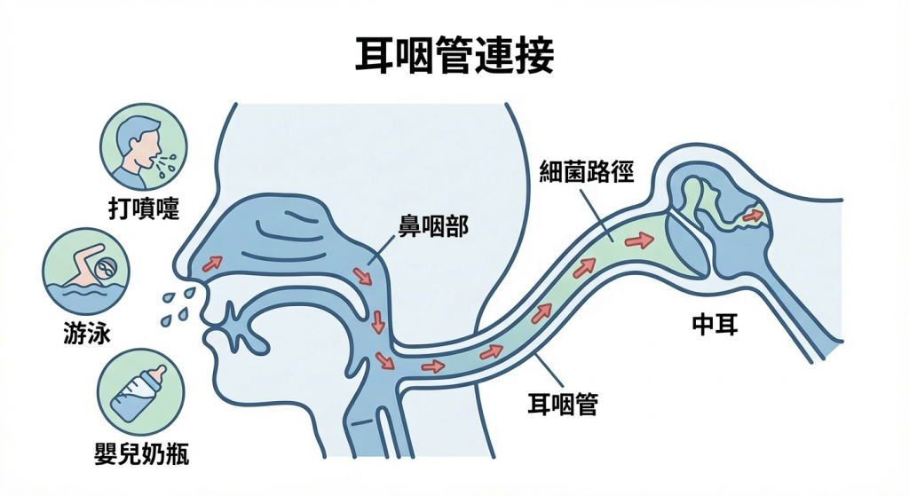 耳咽管連接解剖圖:展示感冒打噴嚏、游泳或嬰兒平躺喝奶時,細菌如何經由鼻咽部通過耳咽管進入中耳,解釋中耳炎感冒併發的成因。Heari 傾耳聽 香港聽力中心 | 立即登記免費聽力測試