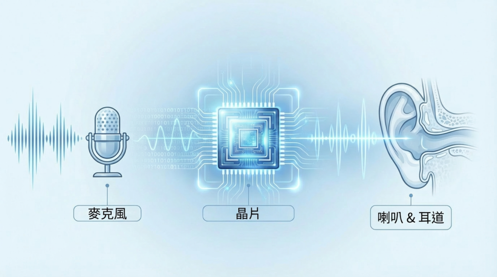 助聽器運作原理圖解：展示聲音經過麥克風接收、數碼晶片處理放大，最後經由喇叭傳入耳道的過程 | Heari 傾耳聽聽力中心