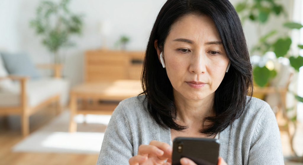 一位女士佩戴 AirPods Pro 無線耳機,專注地看著手中的 iPhone 螢幕,正在使用 iOS 內建功能或 App 進行居家聽力測試。Heari傾耳聽聽力中心設於旺角及北角,立即預約聽力測試!