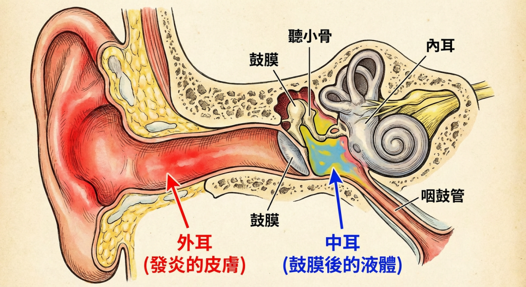 中耳炎外耳炎解剖比較圖:紅色箭頭指向外耳道發炎皮膚代表外耳炎,藍色箭頭指向鼓膜後方的積液代表中耳炎,教你怎麼知道自己中耳炎還是外耳炎。Heari 傾耳聽 香港聽力中心 | 立即登記免費聽力測試