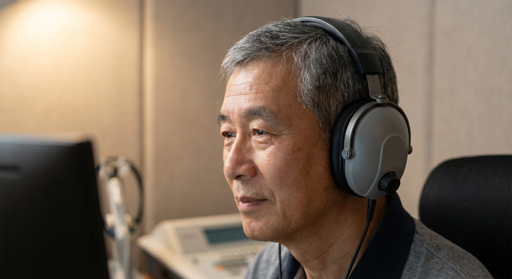 一位長者戴著專業測聽耳機,正在隔音室內進行標準的專業聽力檢查,以評估聽覺功能狀態。 Heari傾耳聽聽力中心設於旺角及北角,立即預約聽力測試!