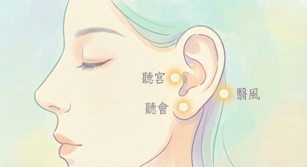 舒緩耳鳴的穴位按摩位置圖,詳細標示聽宮穴、聽會穴及翳風穴的位置,透過按摩這些穴位有助於改善耳朵嗡嗡聲及促進血液循環。Heari 傾耳聽 香港聽力中心 | 立即登記免費聽力測試