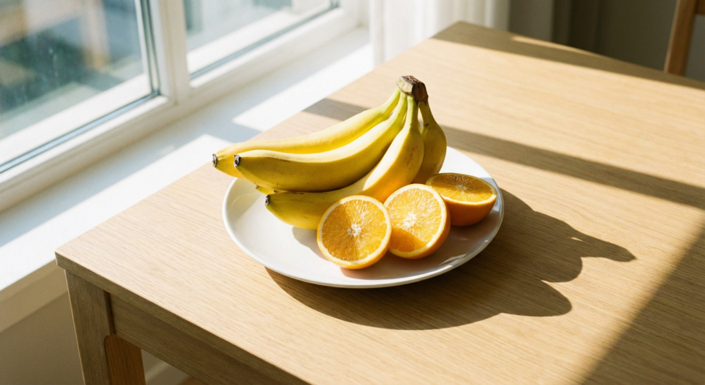 放在陽光下的一盤新鮮香蕉與切開的橙，富含鉀質與維他命C，有助於維持聽力健康及改善耳鳴。Heari 傾耳聽 香港聽力中心 | 立即登記免費聽力測試