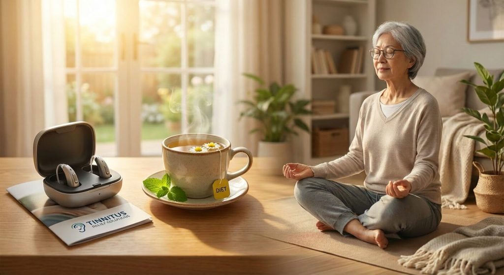一位女士正在進行冥想放鬆身心以舒緩耳鳴壓力,桌上放有一杯舒緩茶飲及 Heari 助聽器,展示耳鳴解決方法中的生活調整。Heari 傾耳聽 香港聽力中心 | 立即登記免費聽力測試