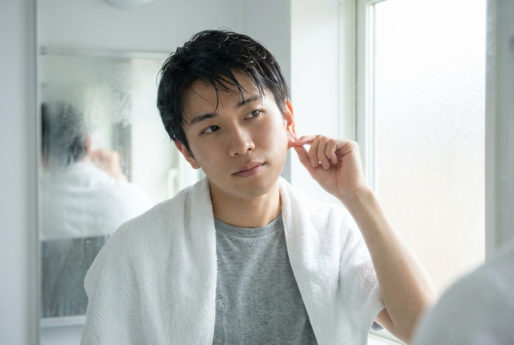 耳朵進水處理方法，亞洲男性側頭拉耳垂幫助排水。Heari 傾耳聽 香港聽力中心 | 立即登記免費聽力測試