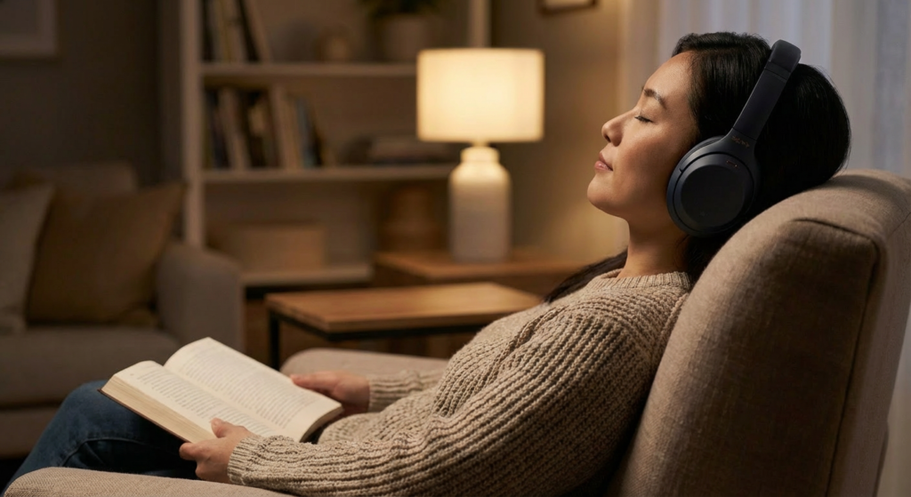  一位女士舒適地坐在沙發上戴著耳機閉目養神，透過放鬆心情與聆聽音樂來舒緩耳鳴帶來的壓力。Heari 傾耳聽 香港聽力中心 | 立即登記免費聽力測試