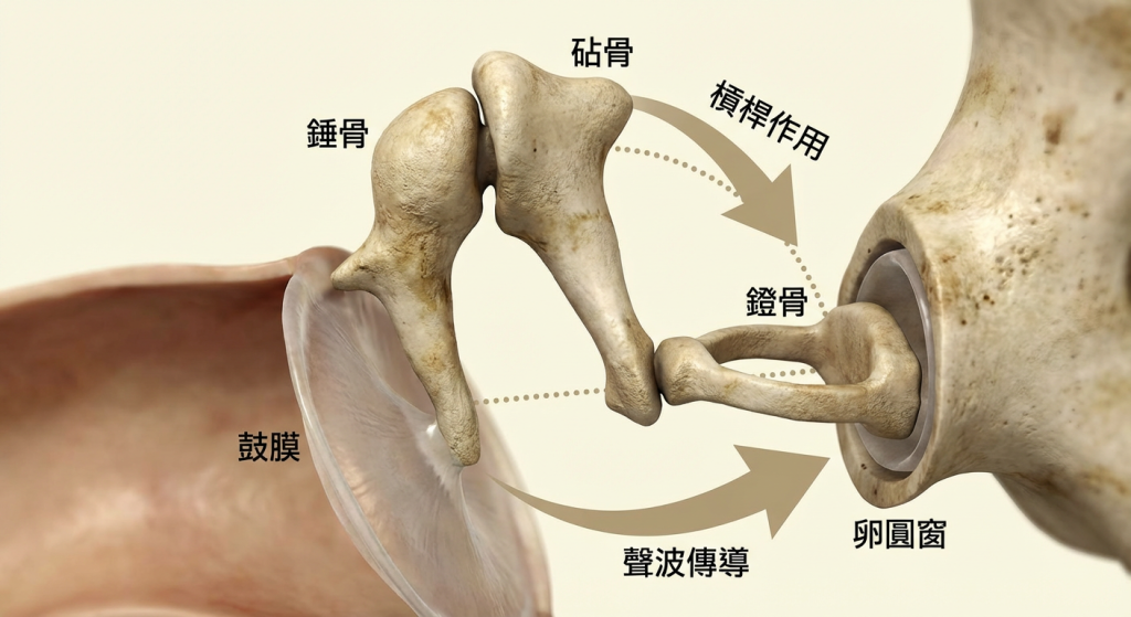 聚焦於中耳聽小骨（槌骨、砧骨、鐙骨）的放大圖，展示它們如何像槓桿一樣連接鼓膜與卵圓窗。Heari 傾耳聽 香港聽力中心 | 立即登記免費聽力測試