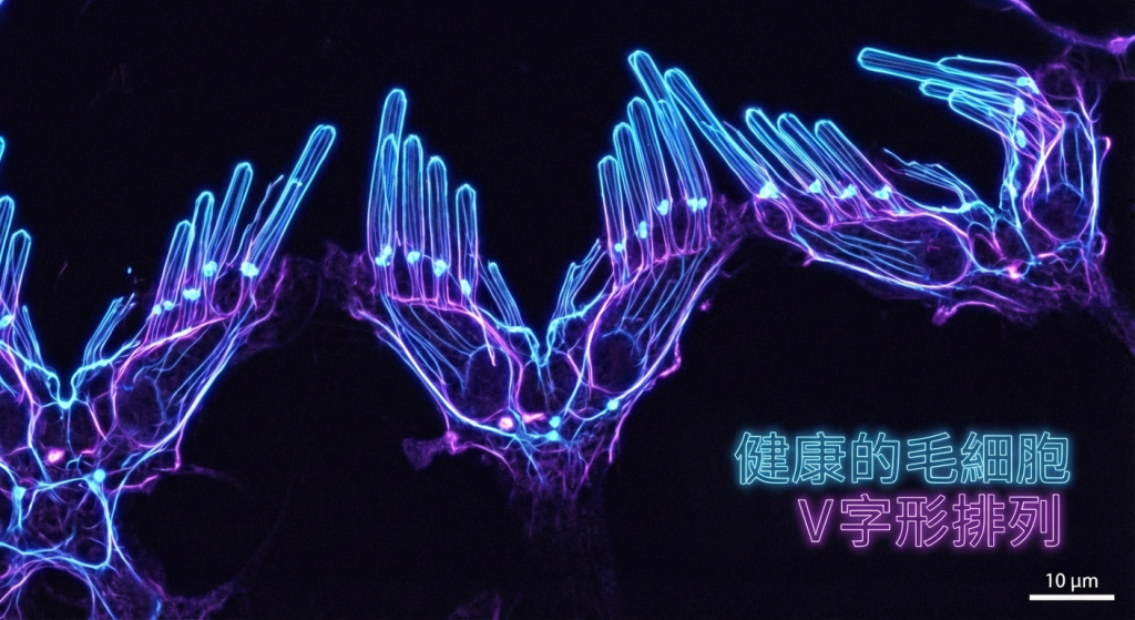 耳蝸內部的顯微視圖，展示健康的毛細胞排列成整齊的V字形，色彩鮮明，強調其精細結構。Heari 傾耳聽 香港聽力中心 | 立即登記免費聽力測試