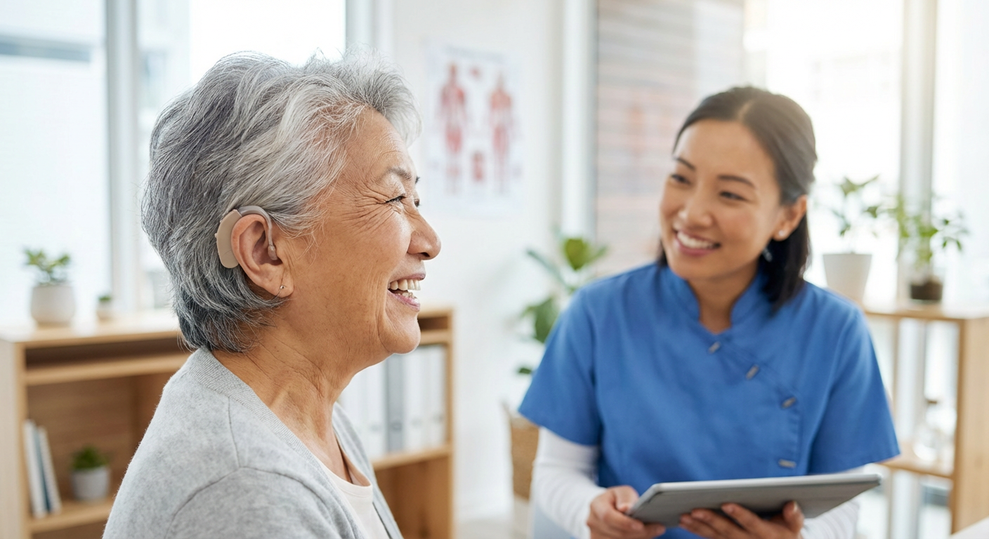 亞洲長者完成聽力測試並佩戴助聽器後露出開心自信的笑容。Heari 傾耳聽 香港聽力中心 | 立即登記免費聽力測試