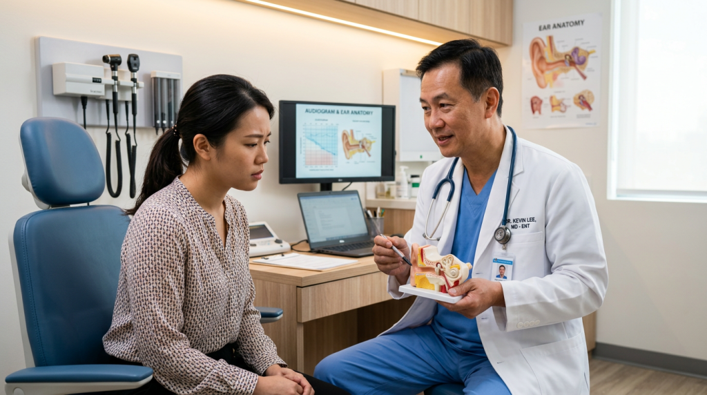 亞洲病人在耳鼻喉科診所向醫生諮詢耳朵與味覺異常的問題。Heari 傾耳聽 香港聽力中心 | 立即登記免費聽力測試 