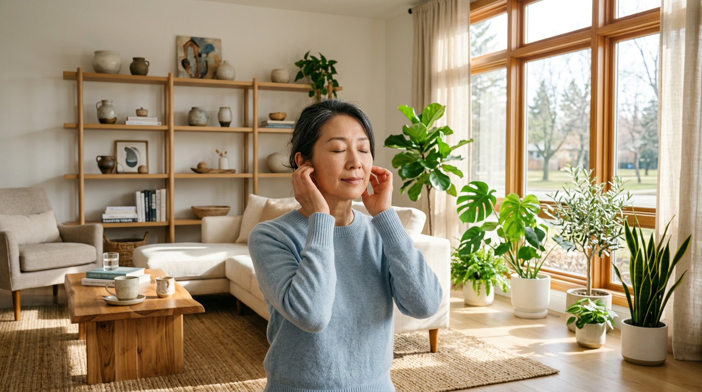 一位亞洲女性閉著雙眼,正在享受地進行耳朵穴位按摩。Heari 傾耳聽 香港聽力中心 | 立即登記免費聽力測試