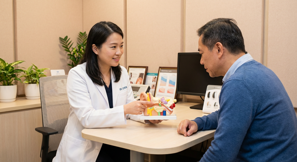 專業聽力學家向亞洲男性展示耳道結構模型，解釋聽力受損原因。Heari 傾耳聽 香港聽力中心 | 立即登記免費聽力測試