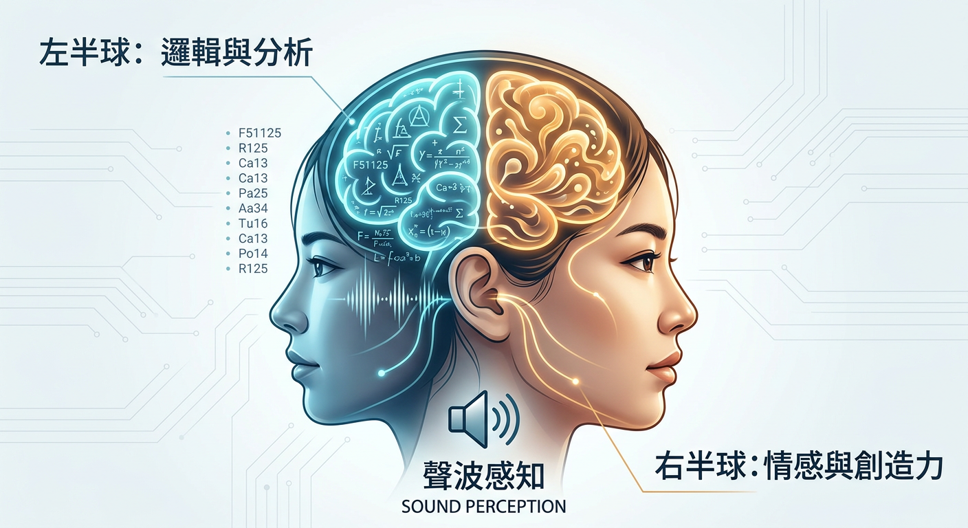 大腦左右半球處理聲音的圖解,左腦偏重邏輯,右腦偏重情感。Heari 傾耳聽 香港聽力中心 | 立即登記免費聽力測試