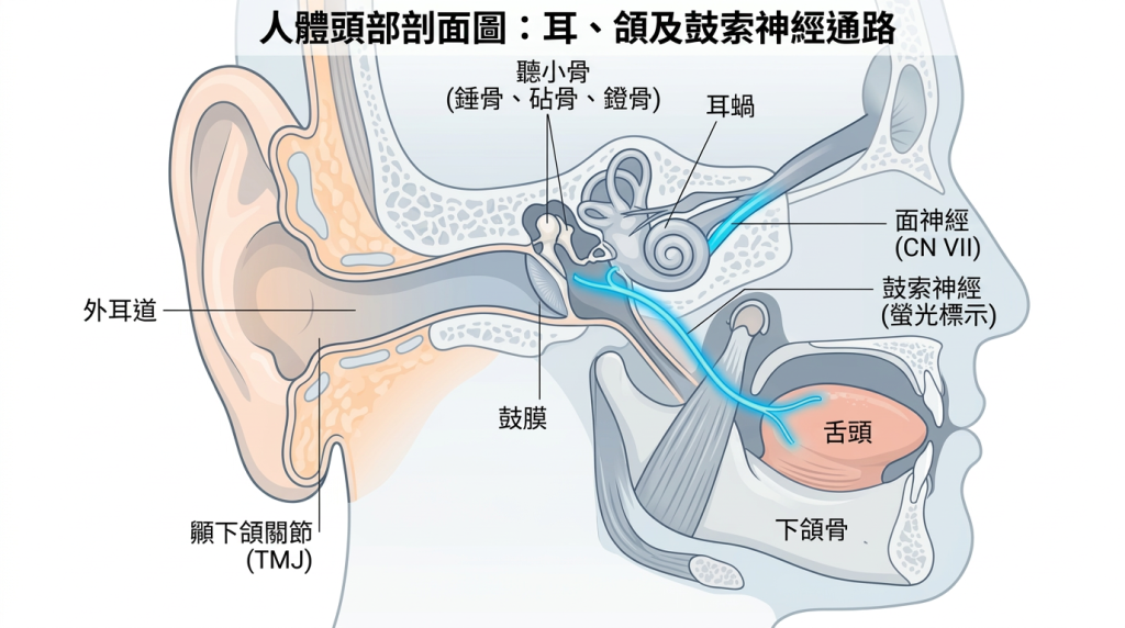 鼓索神經解剖圖，顯示顏面神經穿過中耳腔並與舌神經連接的路徑。Heari 傾耳聽 香港聽力中心 | 立即登記免費聽力測試