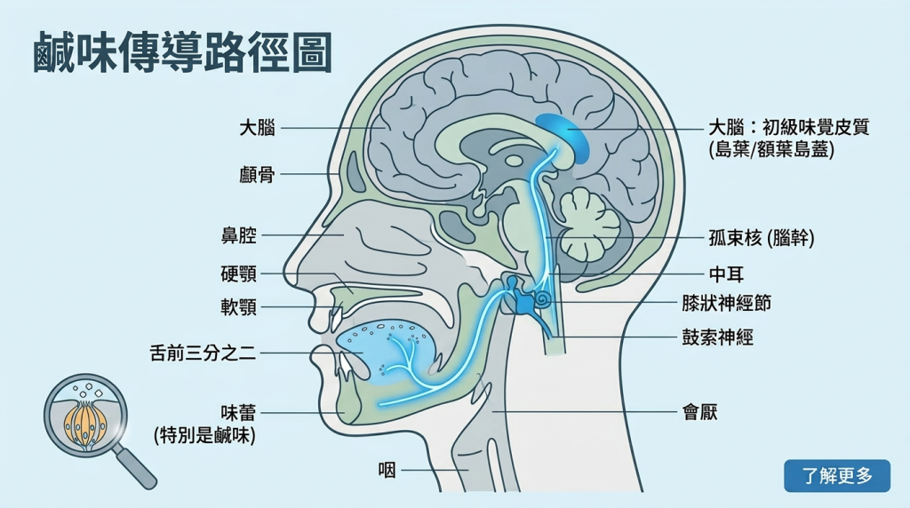 鼓索神經味覺傳導路徑圖，顯示神經如何收集舌頭前三分之二的味覺訊號並傳遞至大腦。Heari 傾耳聽 香港聽力中心 | 立即登記免費聽力測試