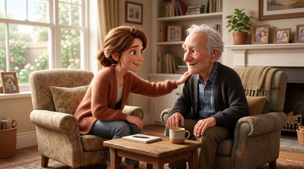 年輕女兒輕拍佩戴助聽器父親的肩膀以引起注意,兩人在光線充足的客廳面對面交談,桌上放著紙筆作輔助。展示與弱聽或聽力下降家人日常溝通的4大實用技巧。Heari 傾耳聽 香港聽力中心 | 立即登記免費聽力測試