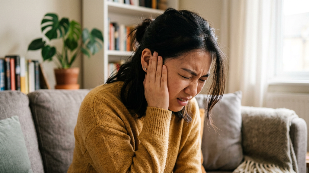 亞洲女性因耳膜穿孔感到突發性耳痛及耳鳴。Heari 傾耳聽 香港聽力中心 | 立即登記免費聽力測試