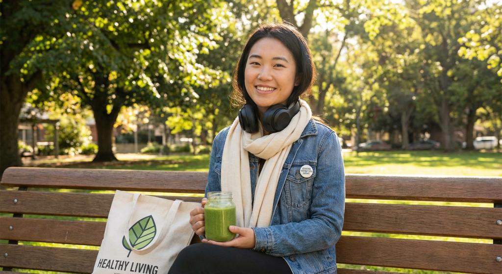 年輕亞洲女性戴著頭戴式耳機在戶外放鬆，手持健康果汁，象徵健康生活方式。Heari 傾耳聽 香港聽力中心 | 立即登記免費聽力測試