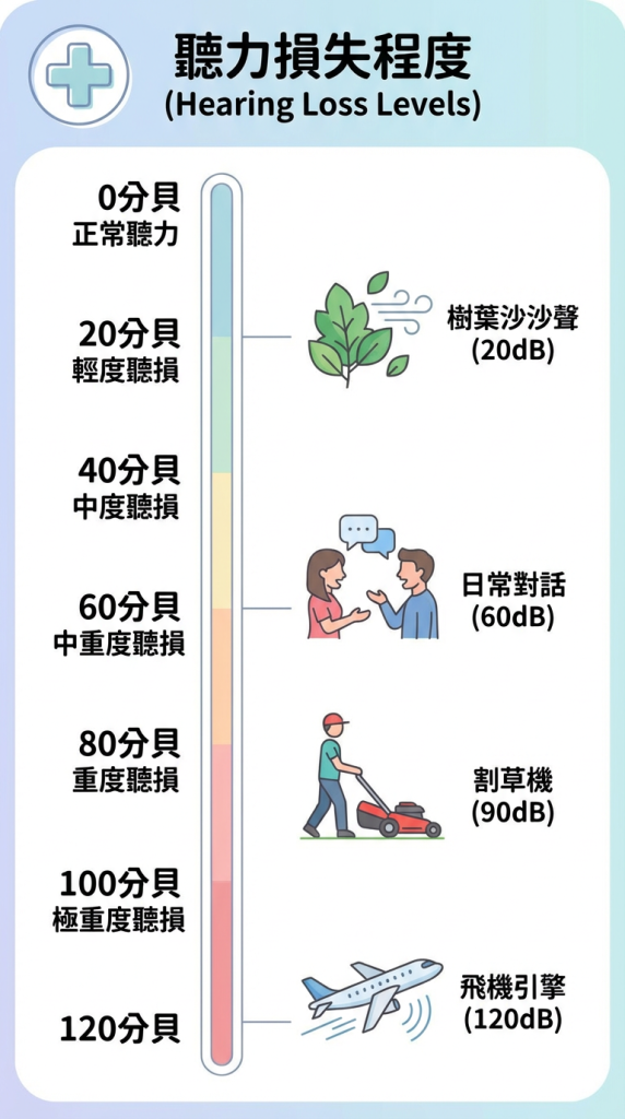聽力分貝等級圖表，顯示不同聲音（如樹葉聲、說話聲、飛機聲）對應的分貝數。Heari 傾耳聽 香港聽力中心 | 立即登記免費聽力測試