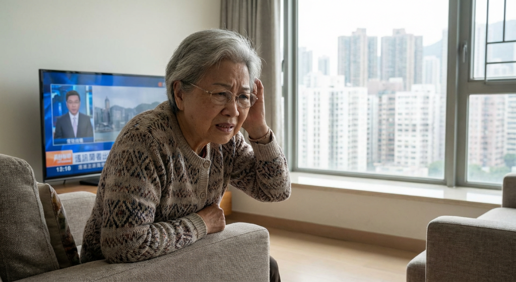 一位亞洲女性長者在客廳看電視，手放在耳邊表示聽不清楚，表情困惑。Heari 傾耳聽 香港聽力中心 | 立即登記免費聽力測試