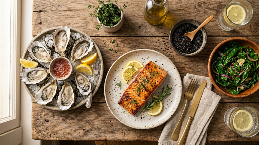 含有豐富鋅、鐵、Omega-3的保養耳朵食物，如三文魚、牡蠣與黑芝麻。Heari 傾耳聽 香港聽力中心 | 立即登記免費聽力測試