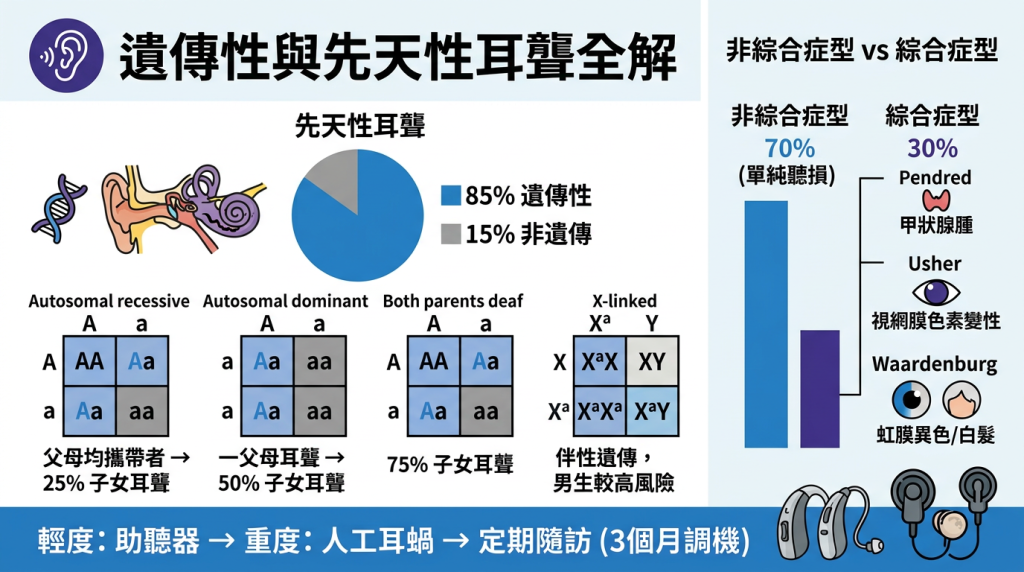 遺傳性與先天性耳聾圖解：先天耳聾85%遺傳性（70%非綜合症型、30%綜合症型如Usher綜合症）、常染色體隱性遺傳機率圖、助聽器與人工耳蝸治療流程