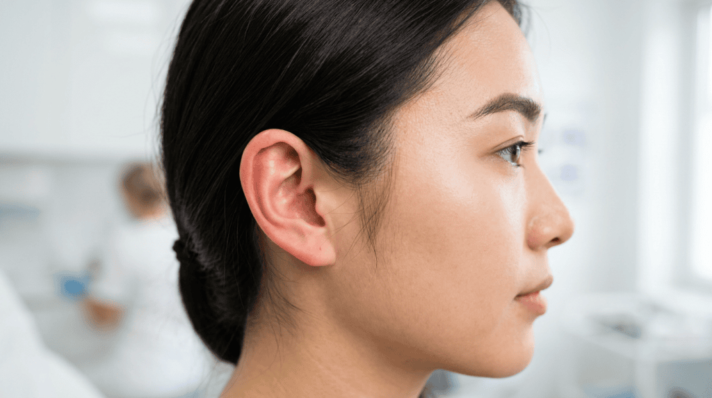 亞洲女性側臉,展示耳朵高度與眉梢到鼻孔的標準比例。Heari 傾耳聽 香港聽力中心 | 立即登記免費聽力測試
