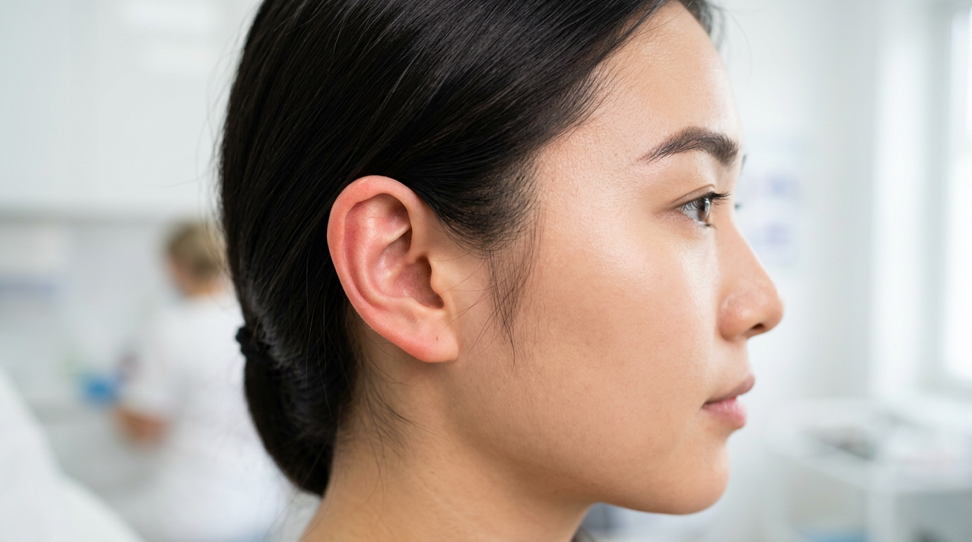 亞洲女性側臉,展示耳朵高度與眉梢到鼻孔的標準比例。Heari 傾耳聽 香港聽力中心 | 立即登記免費聽力測試