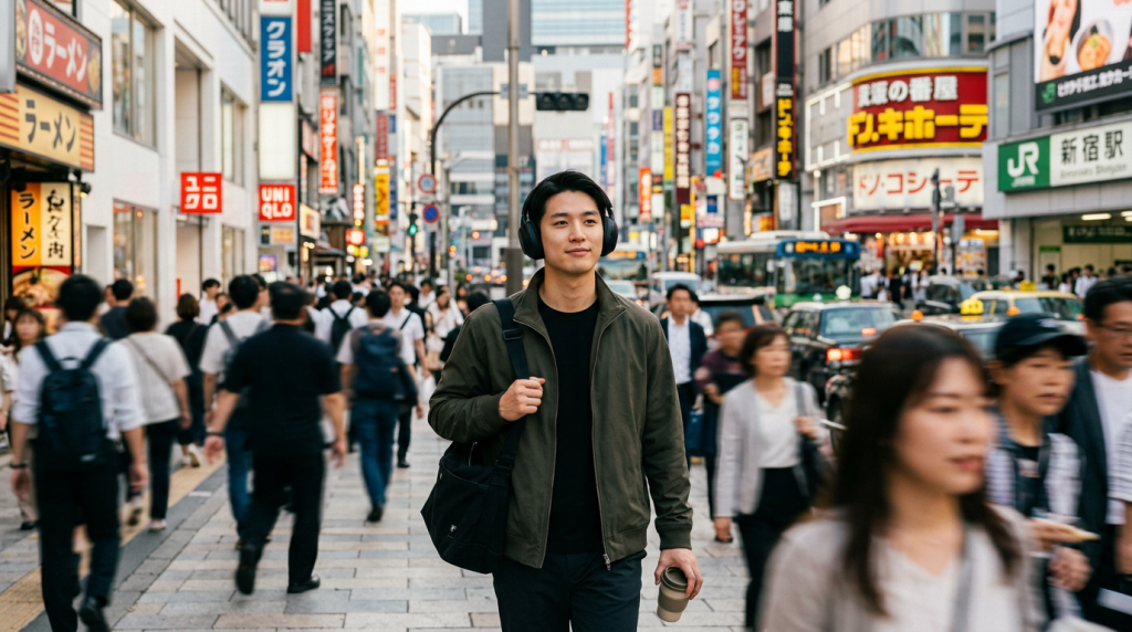 亞洲男性在戶外吵雜環境中戴著降噪耳機，實踐安全聆聽。Heari 傾耳聽 香港聽力中心 | 立即登記免費聽力測試