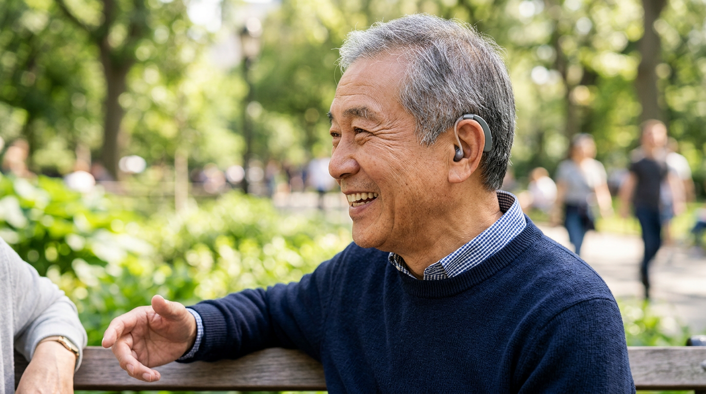 長者佩戴助聽器後重拾雙耳平衡聽力,展現自信笑容。Heari 傾耳聽 香港聽力中心 | 立即登記免費聽力測試