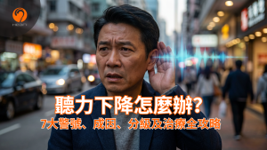 一位中年男士在喧鬧的香港街道上，手放在耳邊表示聽不清楚，表情困惑，身旁有聲波示意圖。Heari 傾耳聽 香港聽力中心 | 立即登記免費聽力測試