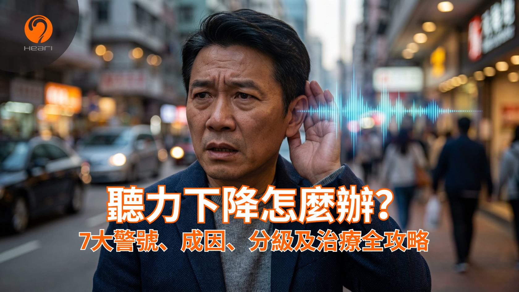 一位中年男士在喧鬧的香港街道上，手放在耳邊表示聽不清楚，表情困惑，身旁有聲波示意圖。Heari 傾耳聽 香港聽力中心 | 立即登記免費聽力測試