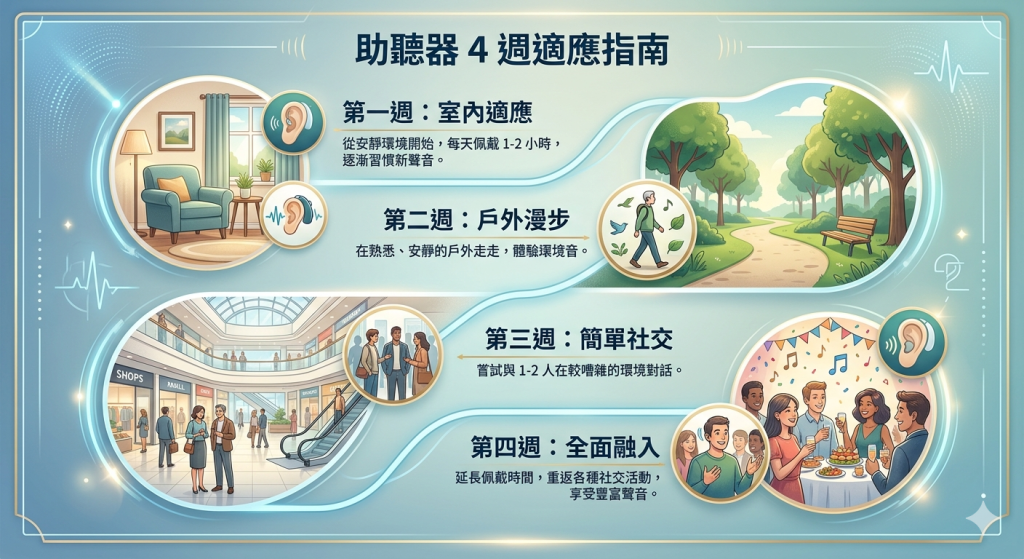 助聽器四週適應計劃圖表，指導使用者逐步增加配戴時間及環境複雜度。Heari 傾耳聽 香港聽力中心 | 立即登記免費聽力測試