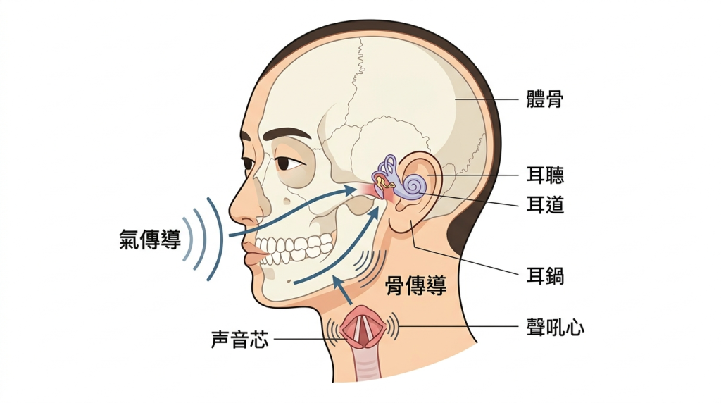 側面圖解:標示空氣進入耳朵(氣傳導)與震動經頭骨進入(骨傳導)。Heari 傾耳聽 香港聽力中心 | 立即登記免費聽力測試