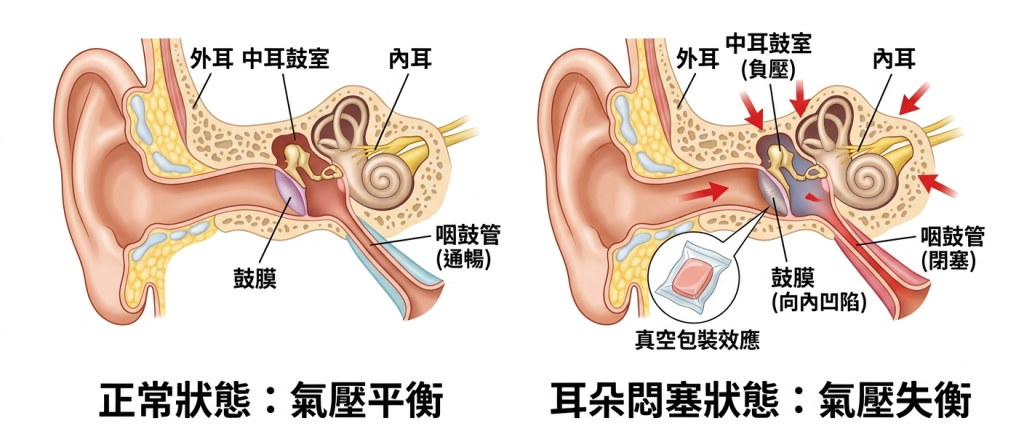 一張繁體中文示意圖，對比正常耳朵氣壓平衡與中耳負壓導致耳朵悶塞的生理構造差異。Heari 傾耳聽 香港聽力中心 | 立即登記免費聽力測試