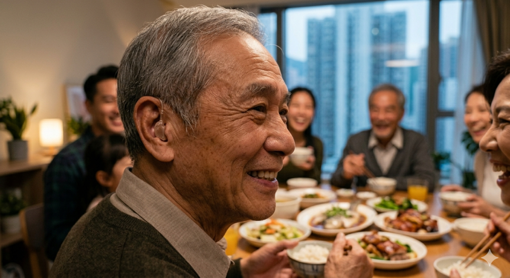 一位亞洲長者佩戴隱形助聽器後,與家人開心交談。Heari 傾耳聽 香港聽力中心 | 立即登記免費聽力測試