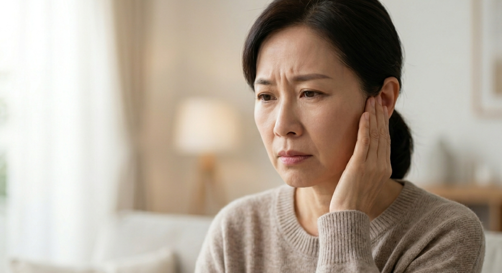 一名亞洲中年女性皺著眉頭，用手撫摸耳朵，表現出明顯的耳朵悶塞或不適症狀。Heari 傾耳聽 香港聽力中心 | 立即登記免費聽力測試