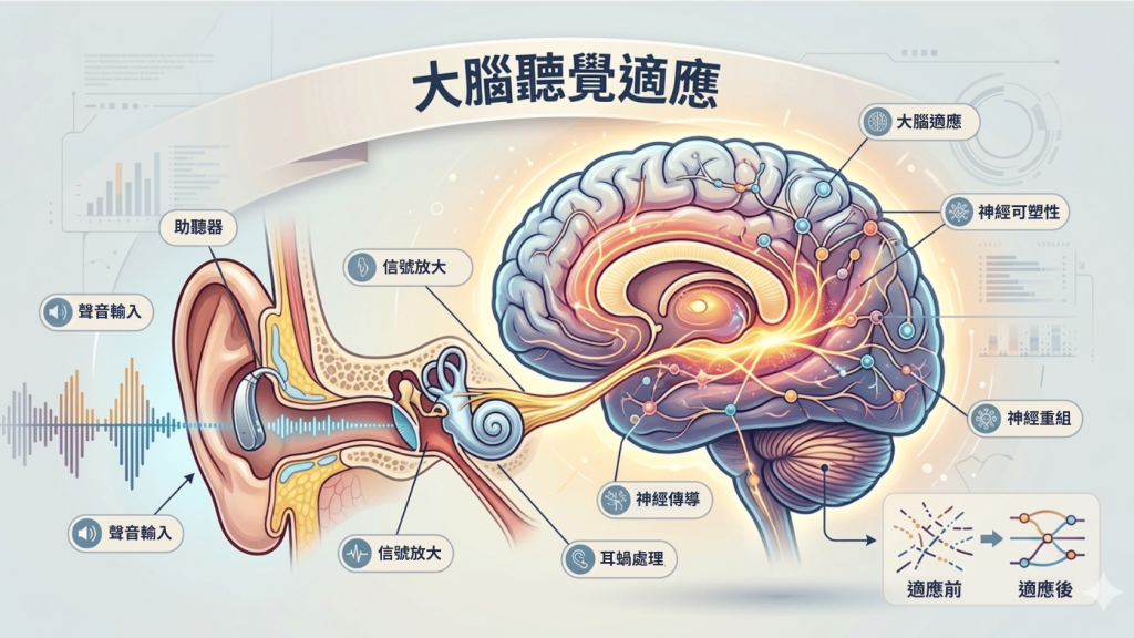 戴上助聽器後的大腦神經可塑性與聽覺適應期示意圖。Heari 傾耳聽 香港聽力中心 | 立即登記免費聽力測試