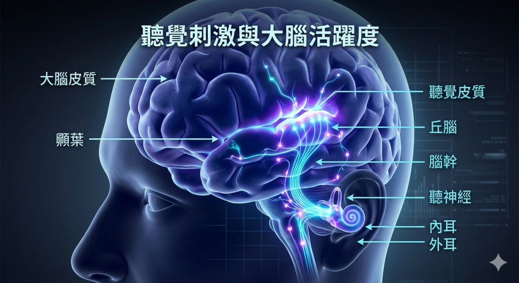 科學圖解聽覺刺激與大腦認知功能的關係，說明預防失智症原理。Heari 傾耳聽 香港聽力中心 | 立即登記免費聽力測試