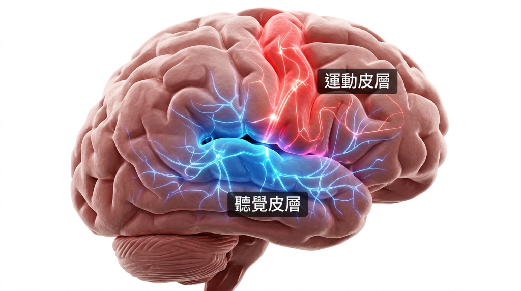 大腦聽覺皮層與運動皮層神經路徑示意圖。Heari 傾耳聽 香港聽力中心 | 立即登記免費聽力測試